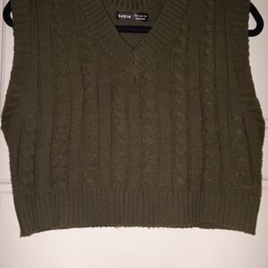 SHEIN Olive V-Neck Cable Knit Sweater Vest